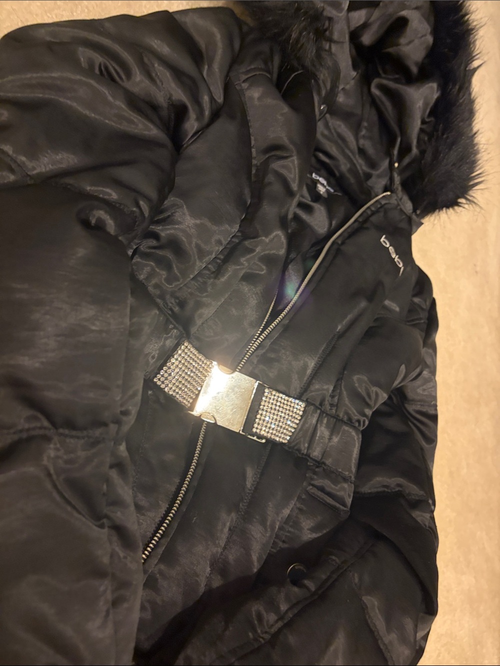 RARE bebe Black Faux Fur Hooded & Belted Jacket